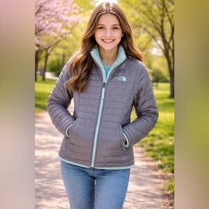 THE NORTH FACE REVERSIBLE MOSSBUD SWIRL JACKET GIRLS Large 14/16 10/12